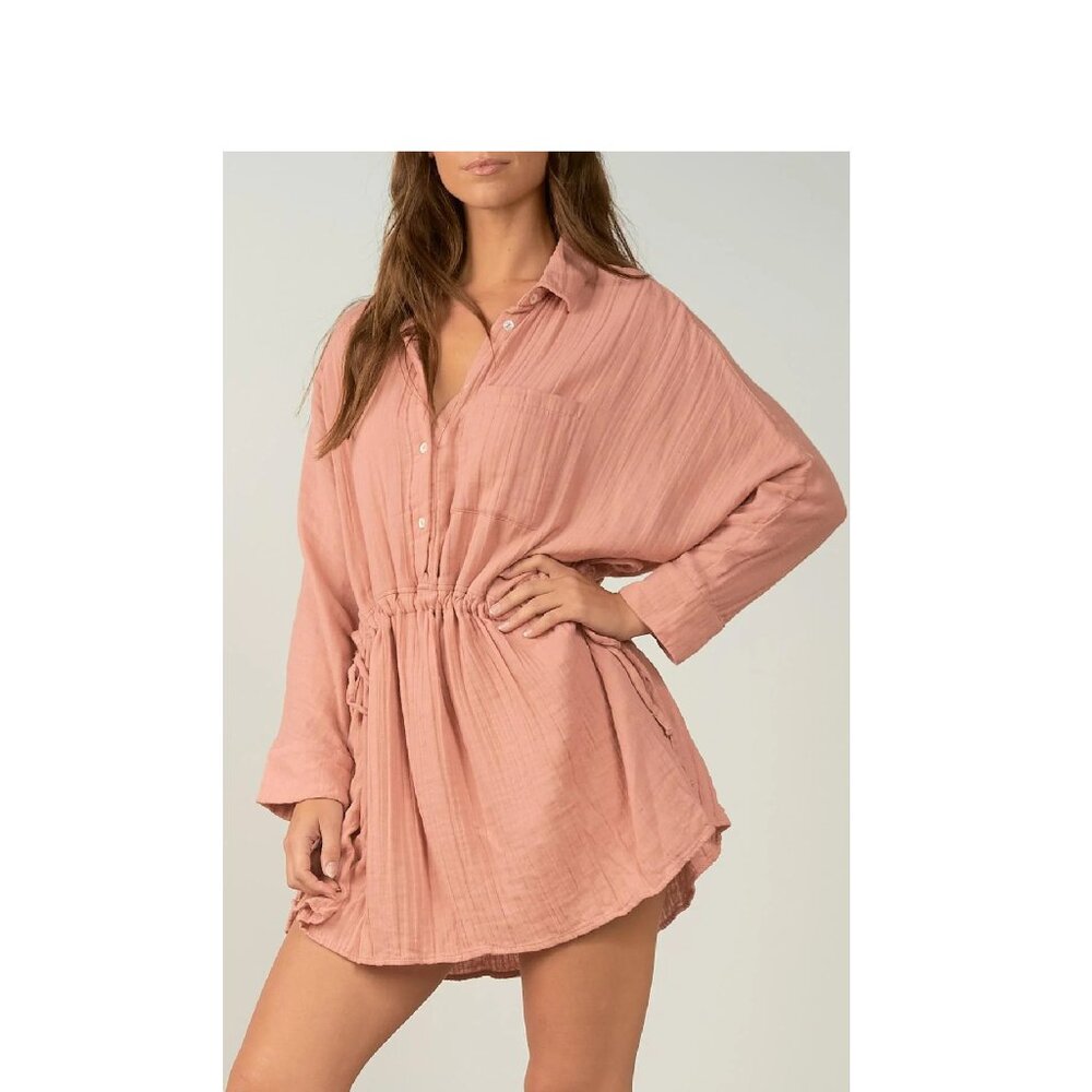 Elan Dusty Rose Cinched Long Sleeve Tunic Dress P4140